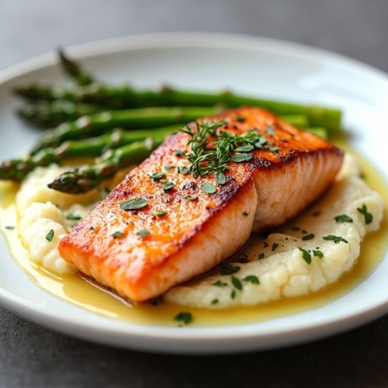 Seared Salmon Fillet with Steamed Asparagus and Cauliflower Mash