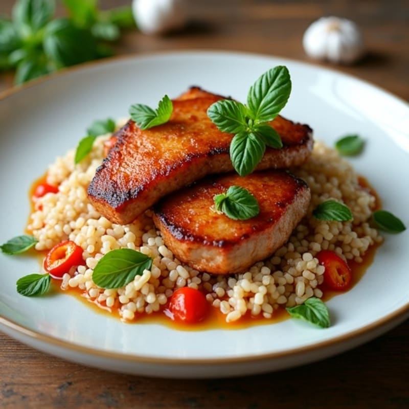 Crispy Pan-Seared Duck with Spicy Basil and Steamed Brown Rice