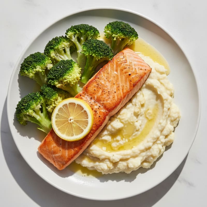 Seared Salmon with Steamed Broccoli and Garlic Mashed Cauliflower