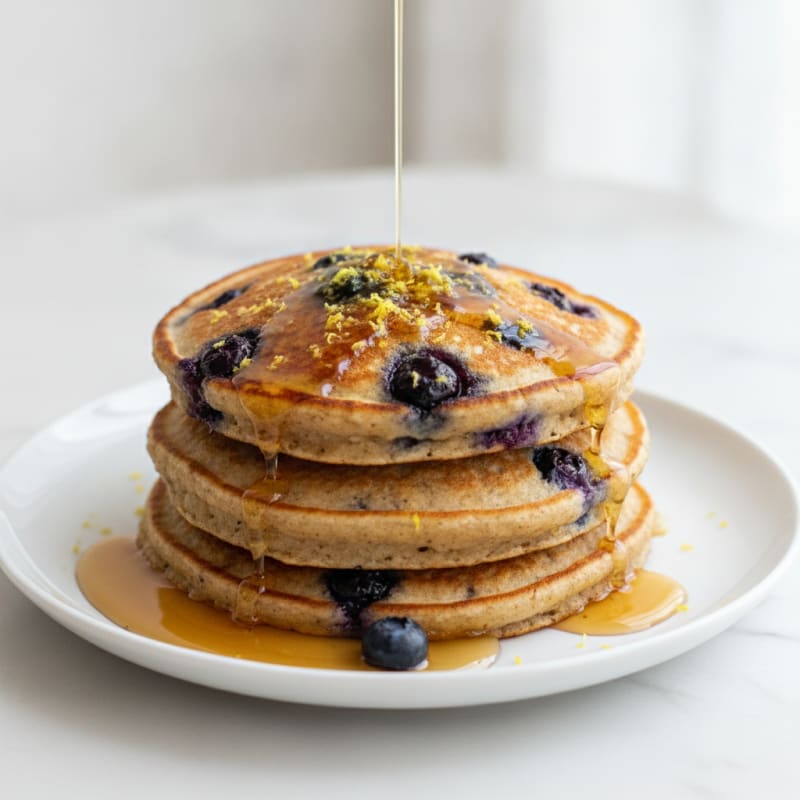 Blueberry Ricotta Pancakes with Maple Syrup