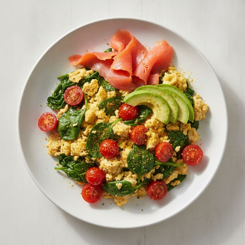 Silky Tofu Scramble with Spinach and Cherry Tomatoes
