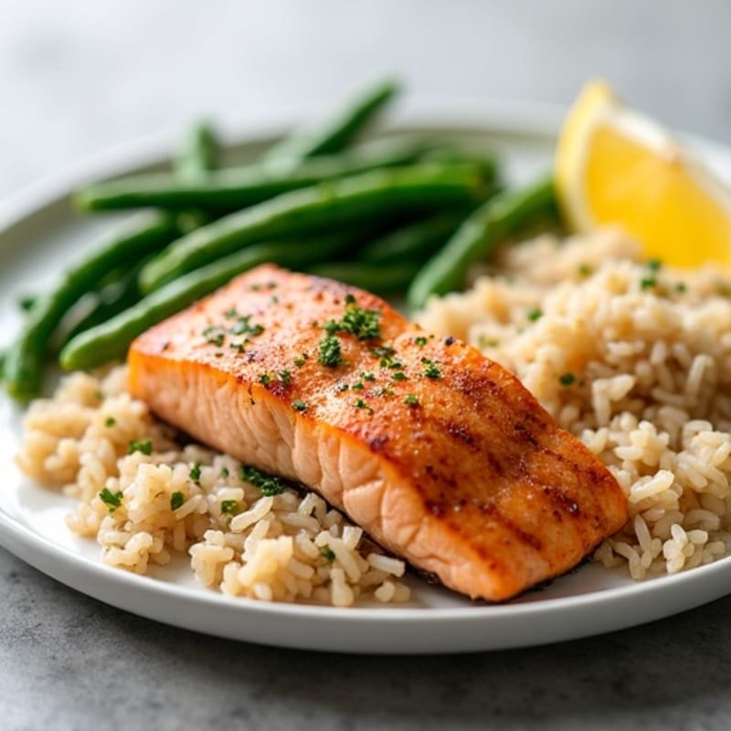 Seared Salmon with Garlic Green Beans and Brown Rice