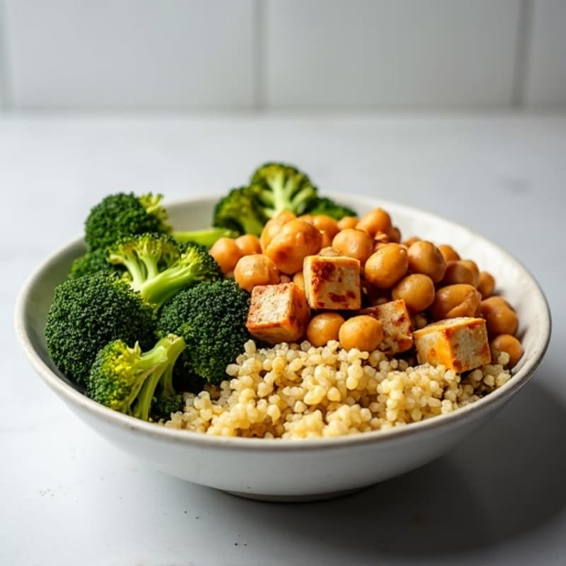 Chickpea Quinoa Bowl with Roasted Broccoli and Tahini Drizzle