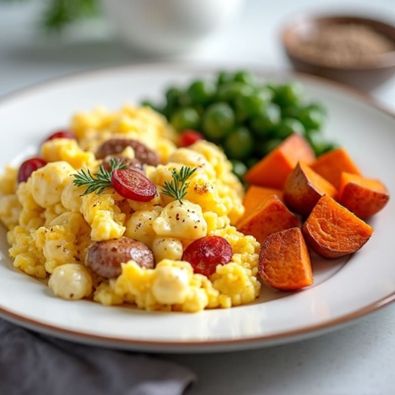 Egg White Scramble with Turkey Sausage and Roasted Sweet Potatoes