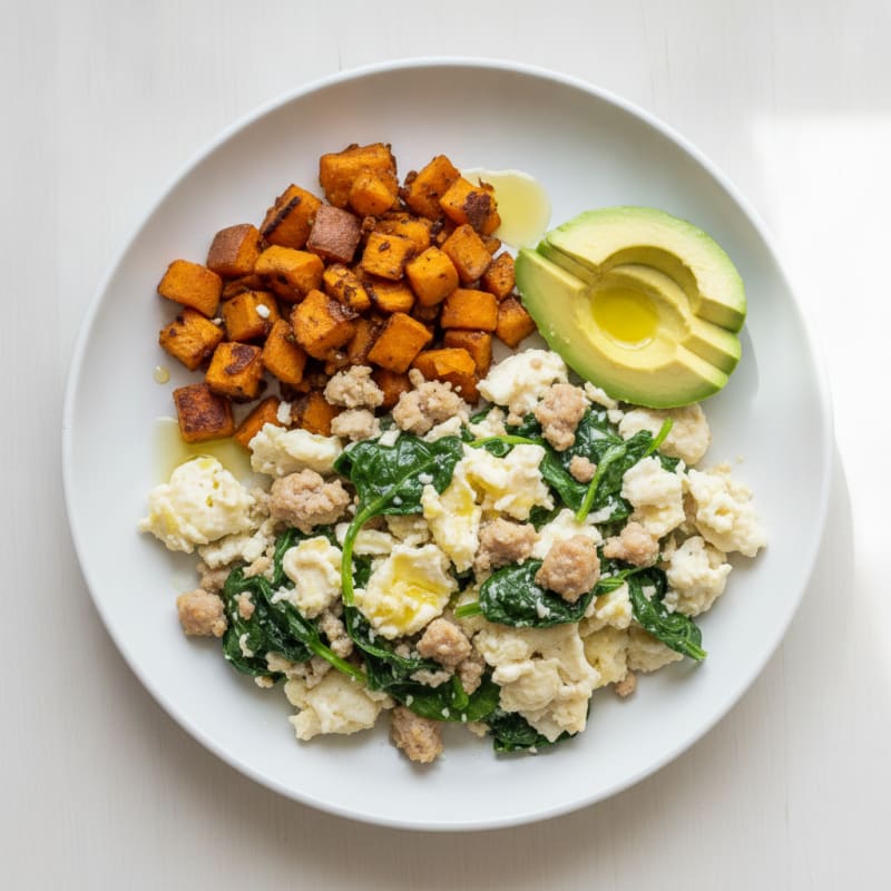 Egg White and Turkey Sausage Scramble with Sautéed Spinach