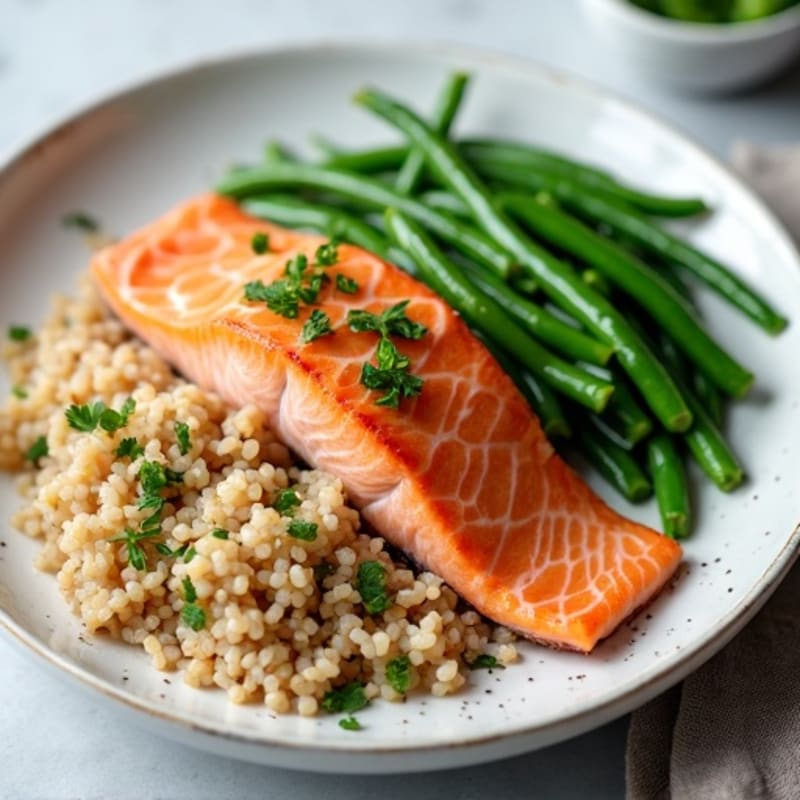 Seared Salmon with Steamed Green Beans and Brown Rice