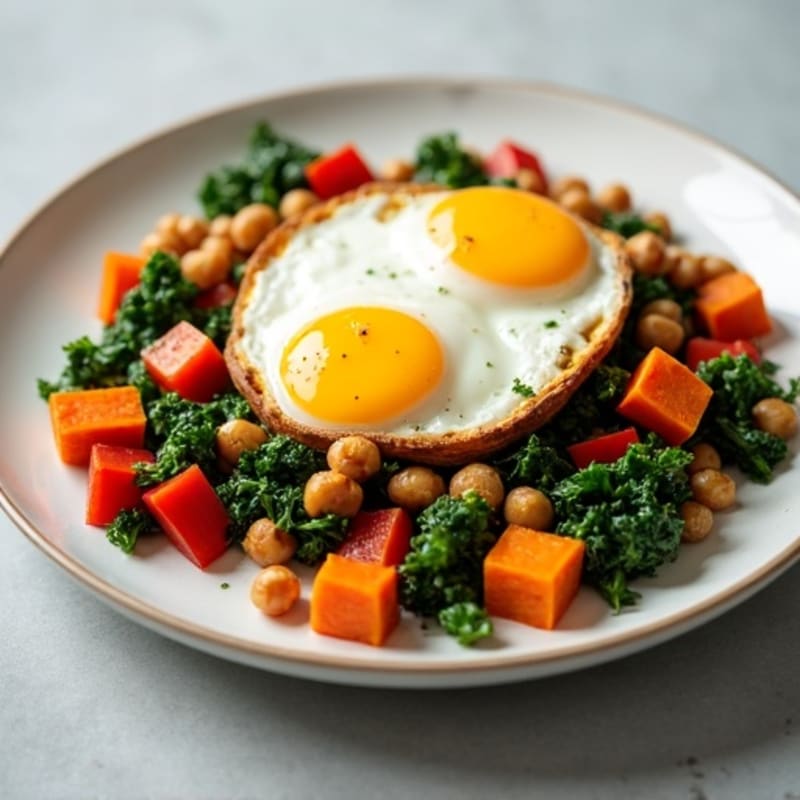Sweet Potato Hash with Crispy Eggs and Sautéed Greens
