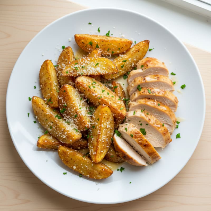 Crispy Parmesan Garlic Potato Wedges with Roasted Chicken
