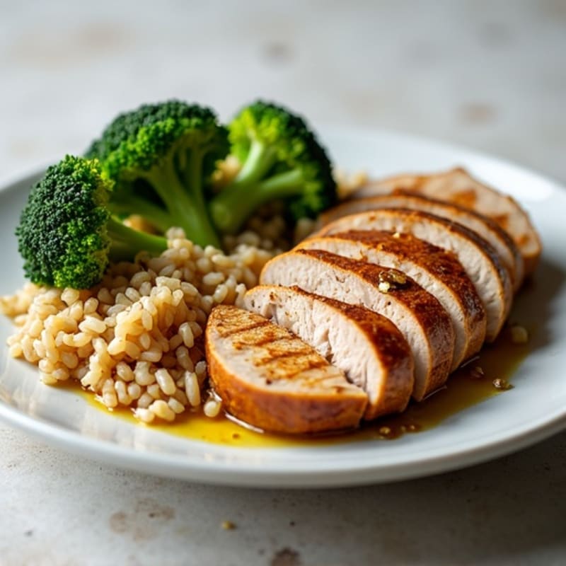 Seared Turkey Tenderloin with Roasted Broccoli and Brown Rice