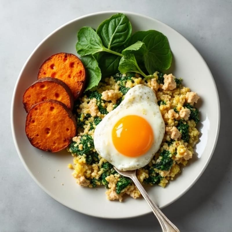 Egg White and Turkey Spinach Scramble with Roasted Sweet Potatoes