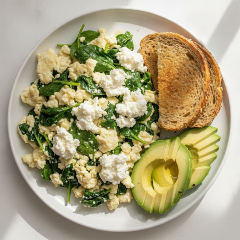 Egg White Spinach Scramble with Cottage Cheese and Sliced Avocado