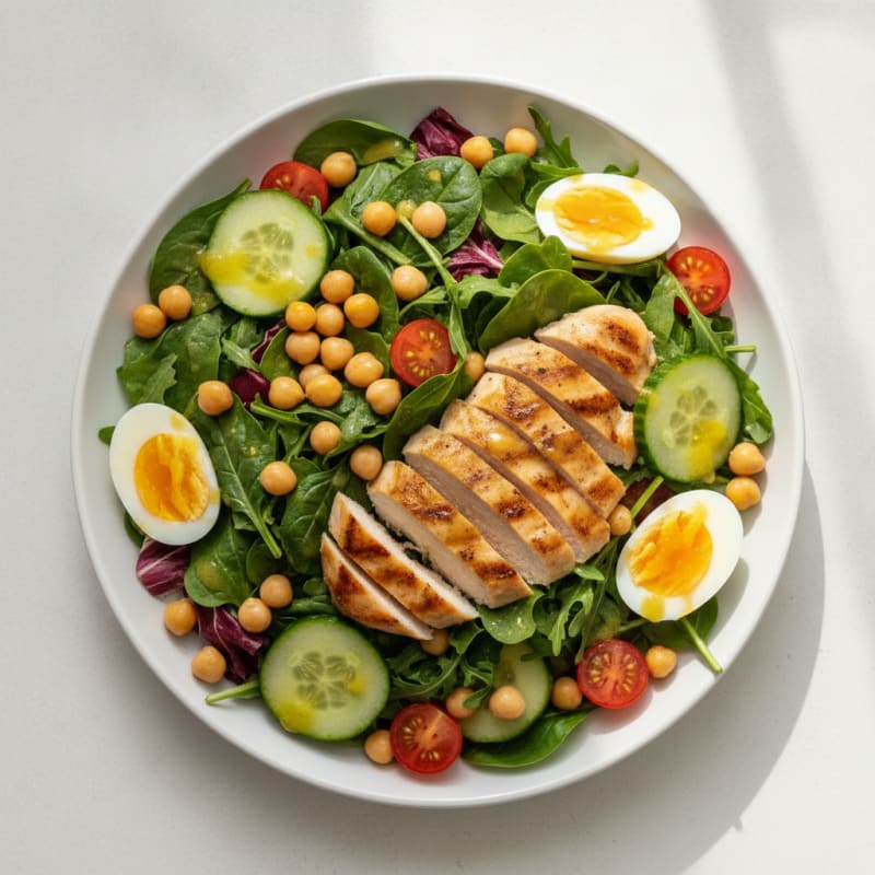 Grilled Chicken Breast Salad with Mixed Greens and Chickpeas