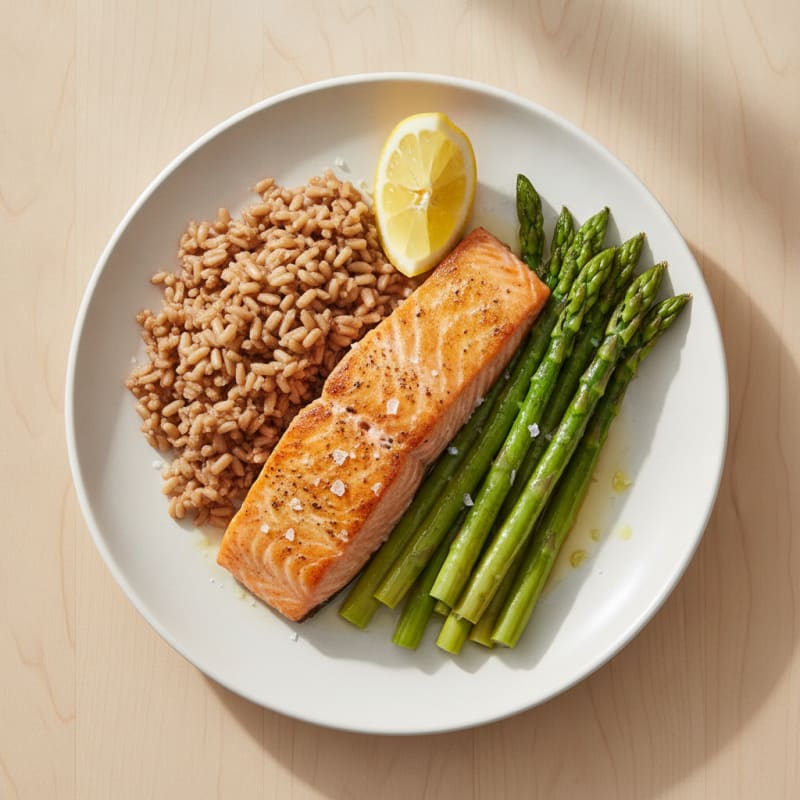 Seared Salmon with Steamed Asparagus and Brown Rice