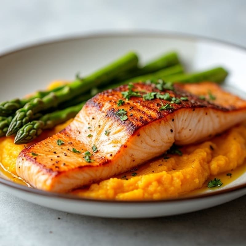 Seared Salmon with Steamed Asparagus and Mashed Sweet Potato