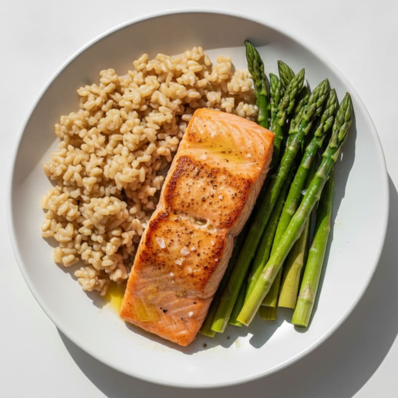 Seared Salmon with Steamed Asparagus and Brown Rice