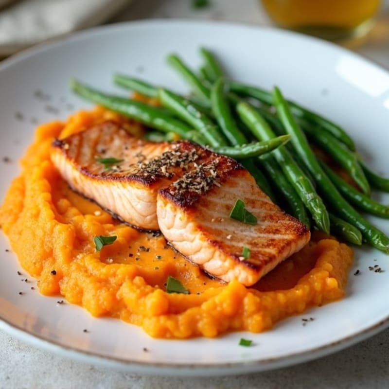 Seared Salmon with Steamed Green Beans and Sweet Potato Mash