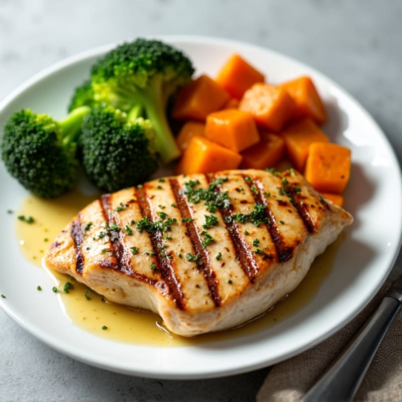 Grilled Chicken Breast with Roasted Sweet Potato and Steamed Broccoli