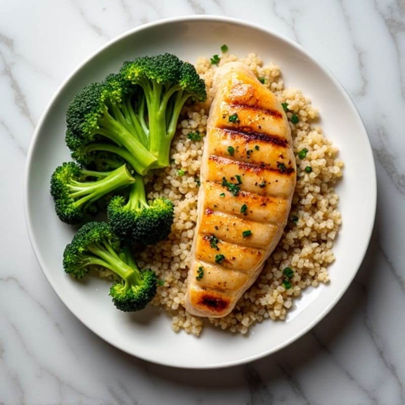 Grilled Lemon-Garlic Chicken Breast with Quinoa and Steamed Broccoli
