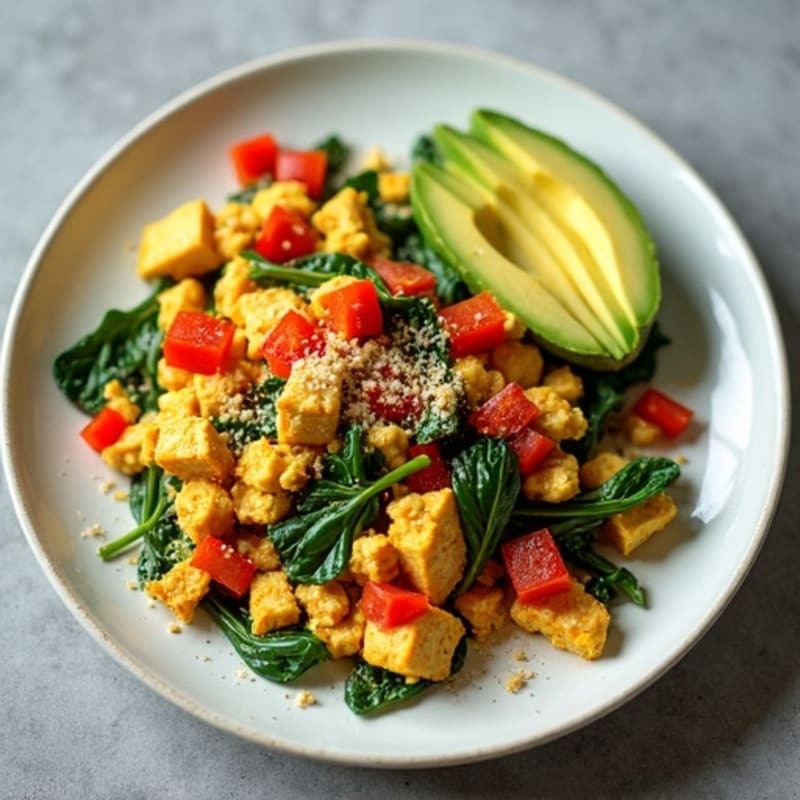Creamy Tofu Scramble with Spinach and Tempeh Bacon