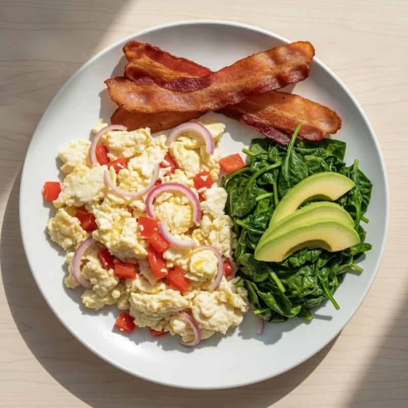 Egg White Veggie Scramble with Sautéed Spinach and Turkey Bacon