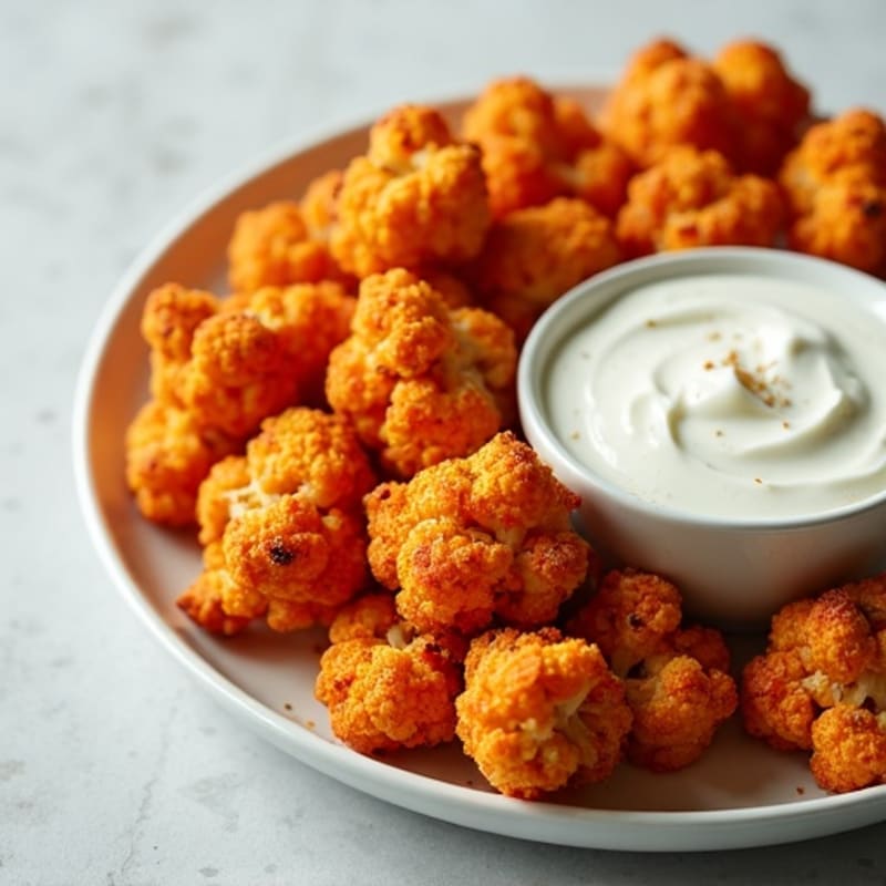 Crispy Buffalo Roasted Cauliflower Bites with Protein-Packed Chickpeas and Greek Yogurt Dip