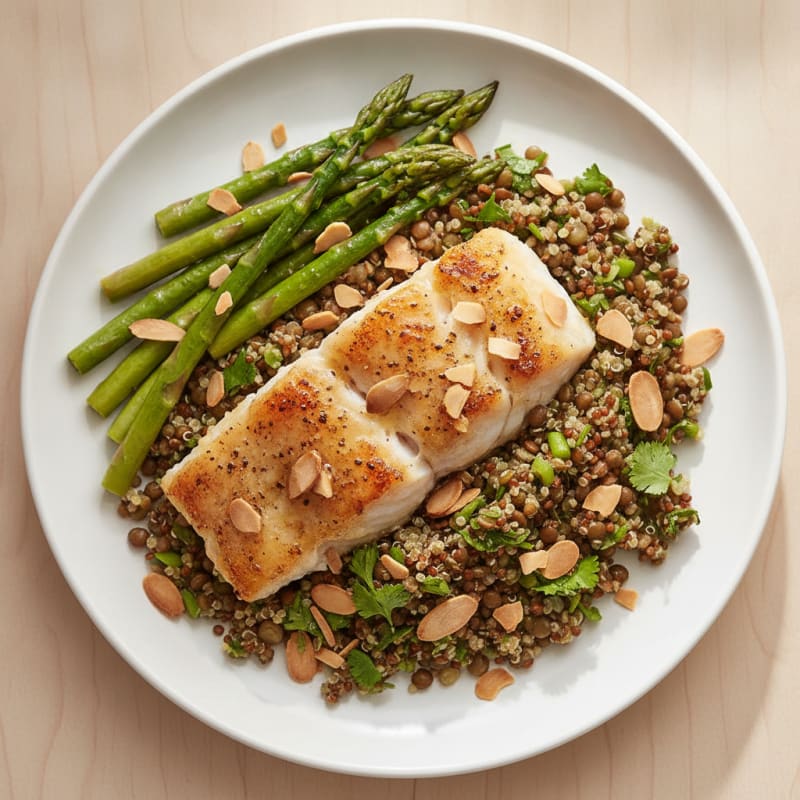 Baked Cod with Herbed Lentil Pilaf and Steamed Asparagus
