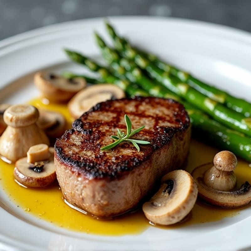 Seared Beef Steak with Steamed Asparagus and Garlic Mushrooms