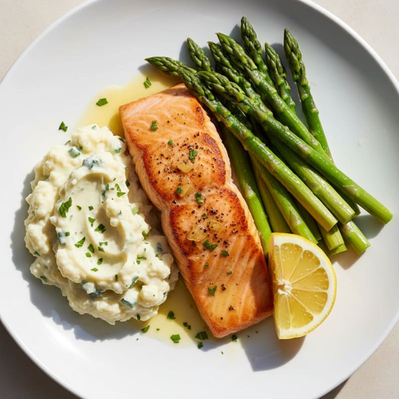 Seared Salmon with Steamed Asparagus and Garlic Mashed Cauliflower
