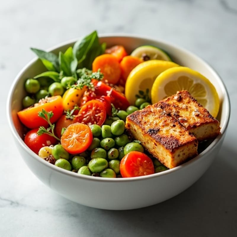 Crispy Tofu and Edamame Power Bowl with Roasted Vegetables