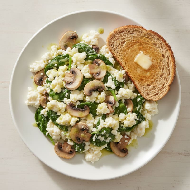 Cottage Cheese Egg White Scramble with Spinach and Sautéed Mushrooms