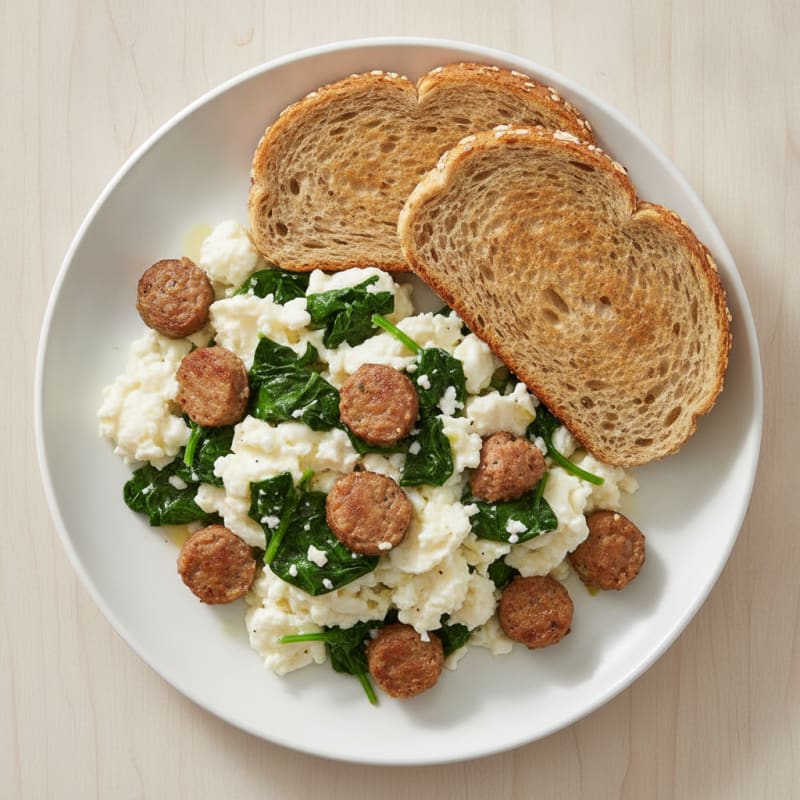 Egg White Scramble with Turkey Sausage and Sautéed Spinach