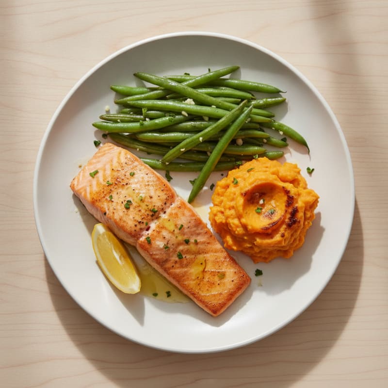 Seared Salmon with Garlic Green Beans and Sweet Potato Mash
