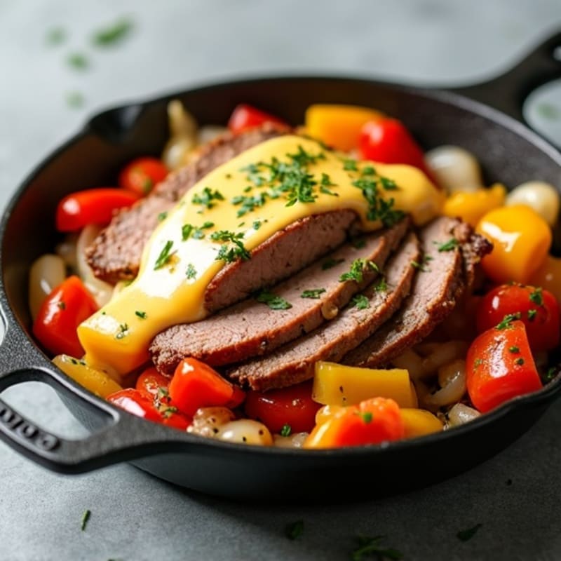 Lean Steak Skillet with Sautéed Peppers, Onions, and Creamy Cheesy Sauce