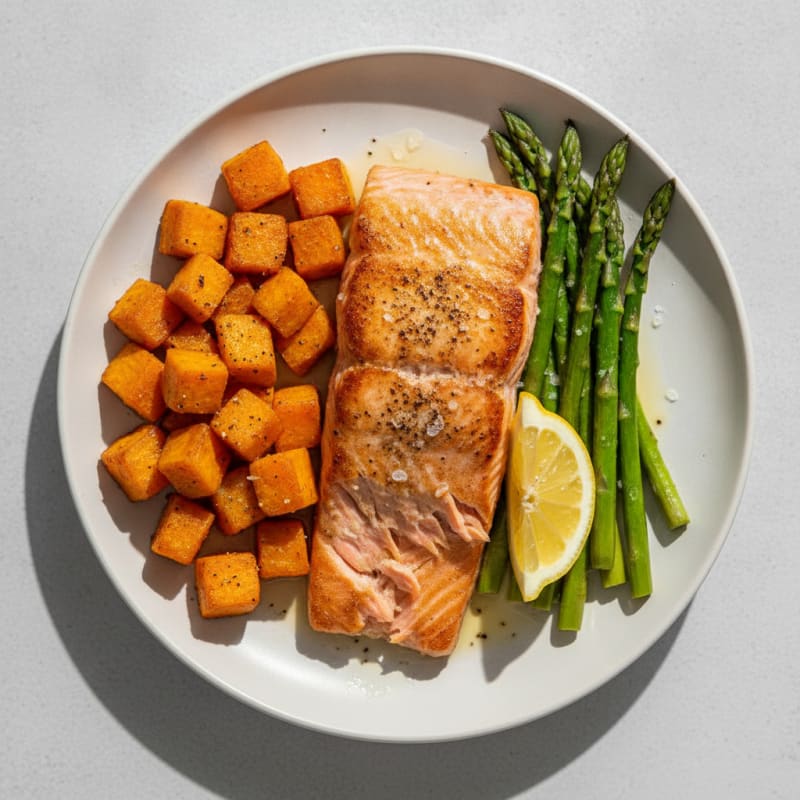 Seared Salmon Fillet with Roasted Sweet Potatoes and Asparagus