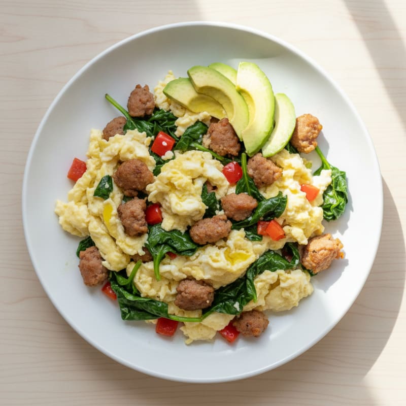 Egg White Spinach Scramble with Turkey Sausage