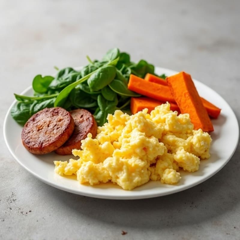 Egg White Scramble with Turkey Sausage and Roasted Sweet Potatoes
