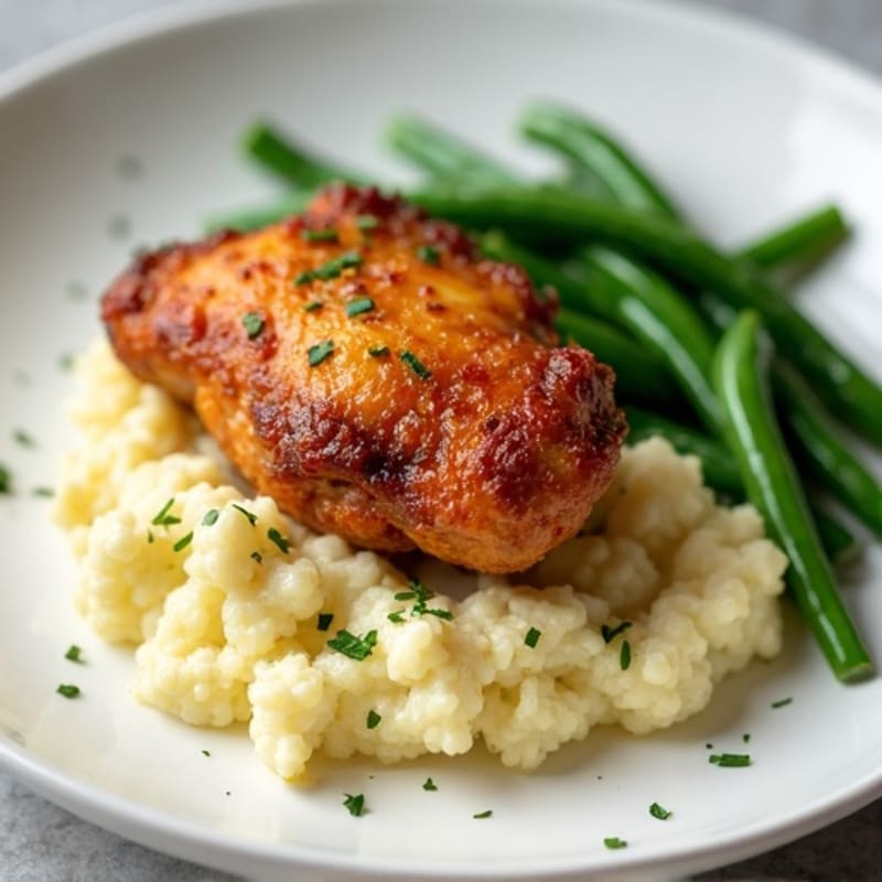 Crispy Chicken Thighs with Creamy Mashed Cauliflower and Roasted Green Beans