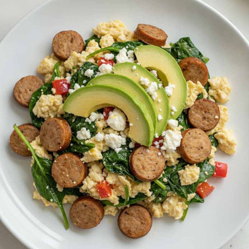 Egg White Scramble with Turkey Sausage and Sautéed Spinach