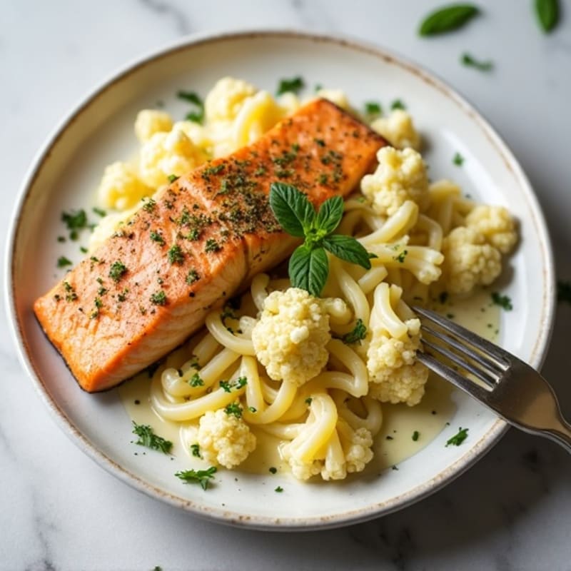 Creamy Herb-Crusted Salmon with Cauliflower Alfredo Pasta