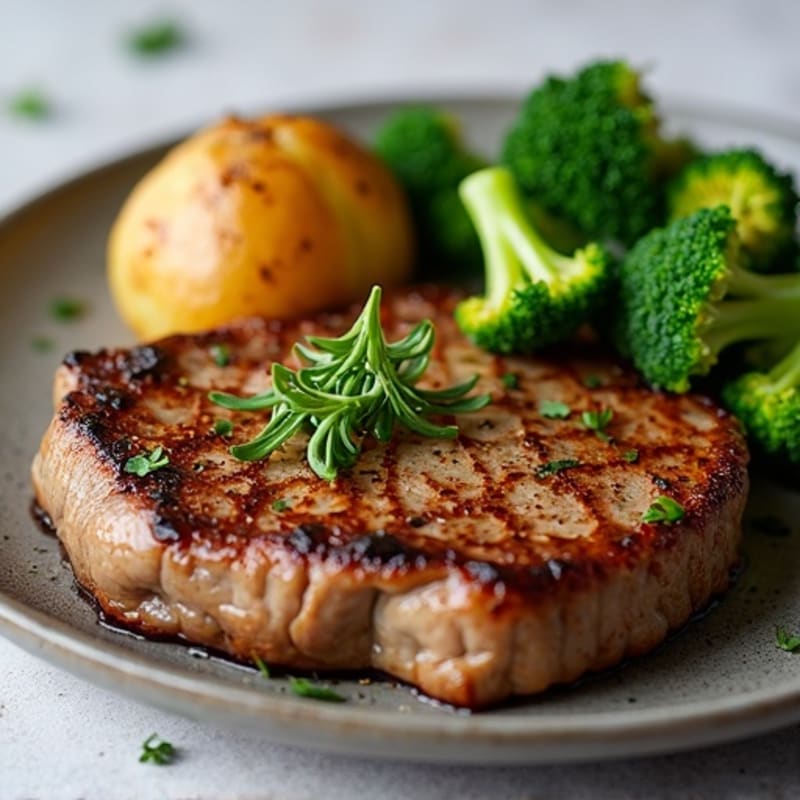 Garlic Herb Pan-Seared Steak with Crispy Roasted Potatoes and Broccoli