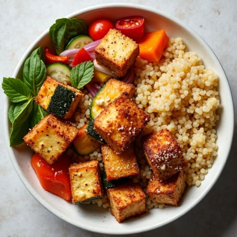 Crispy Tofu Power Bowl with Quinoa and Roasted Vegetables