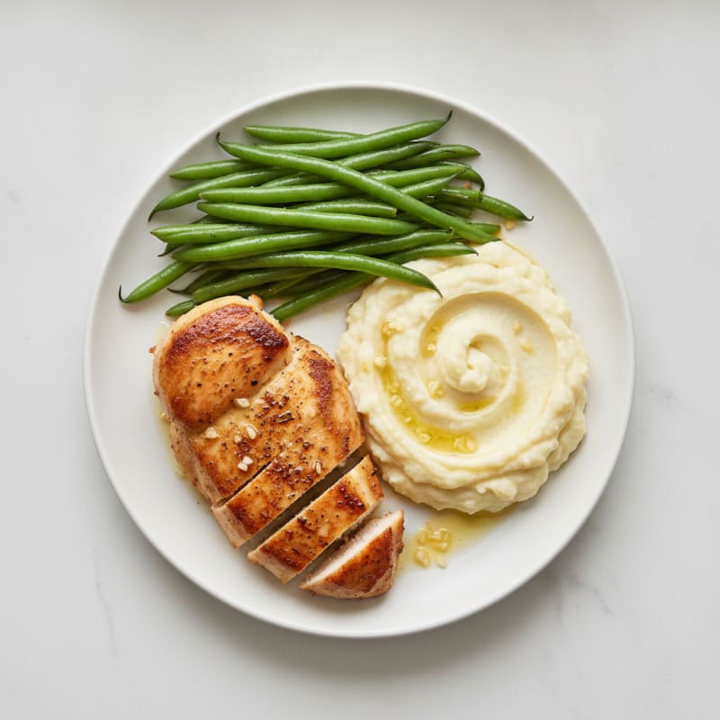 Seared Chicken Breast with Steamed Green Beans and Garlic Mashed Cauliflower