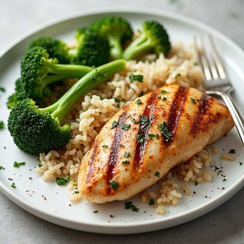 Grilled Chicken Breast with Steamed Broccoli and Herb Rice