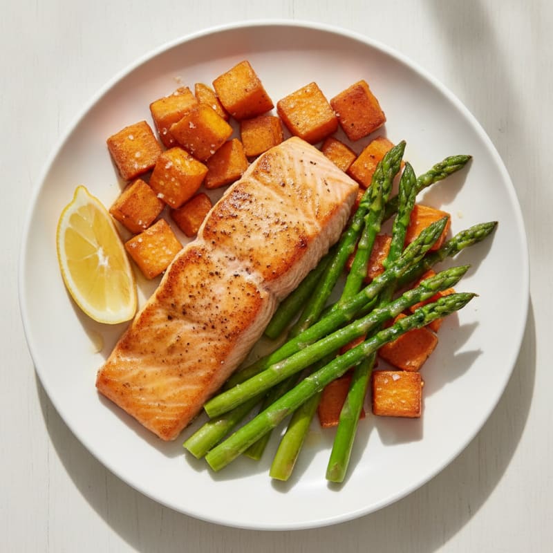 Seared Salmon with Roasted Sweet Potatoes and Asparagus