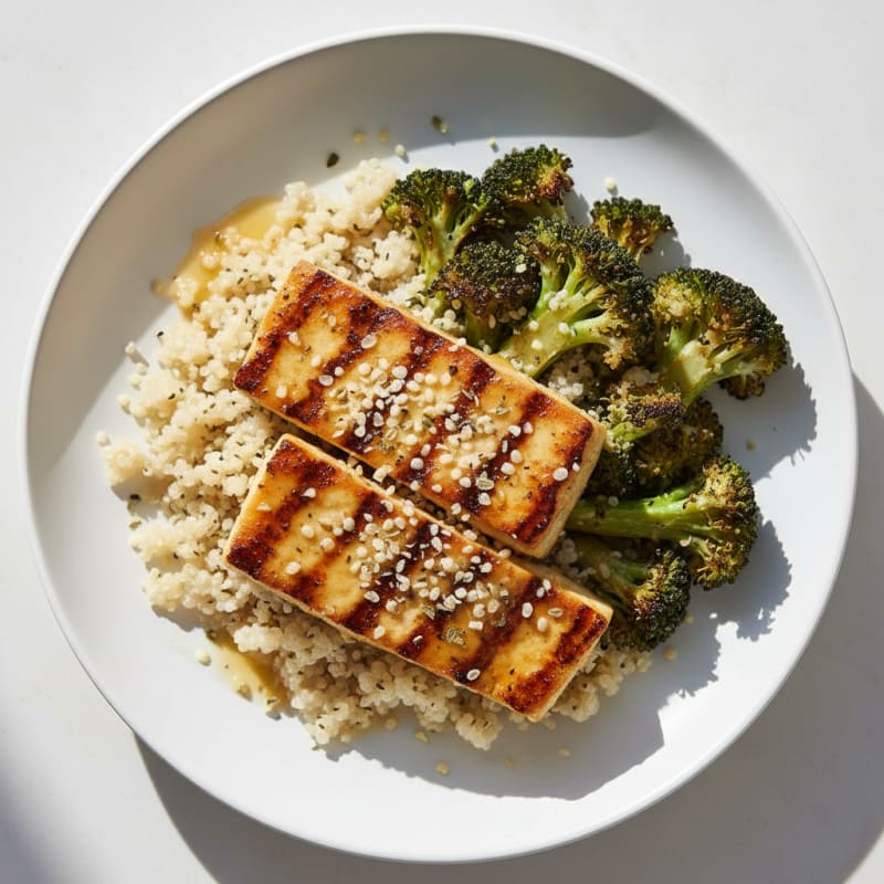 Grilled Lemon Herb Tofu with Quinoa and Roasted Broccoli