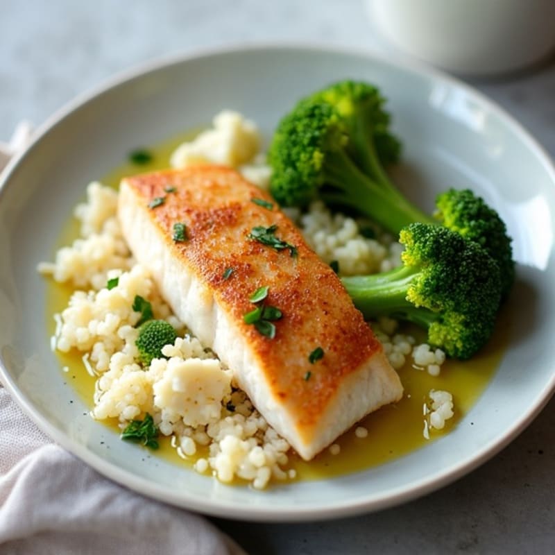 Seared Tilapia with Steamed Broccoli and Cauliflower Rice