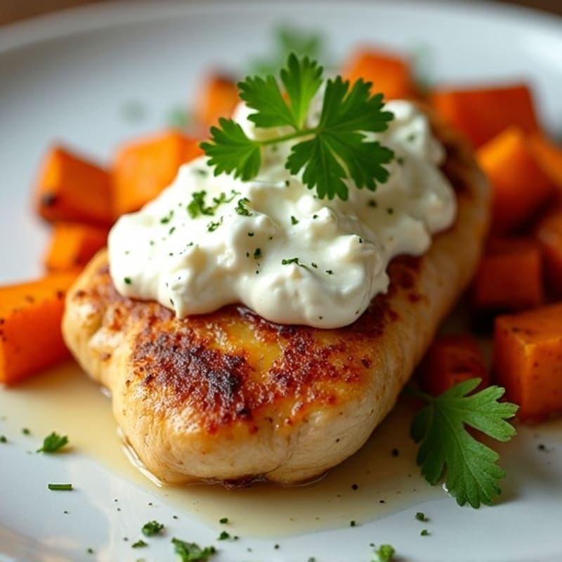 Creamy Whipped Feta Chicken with Roasted Sweet Potatoes