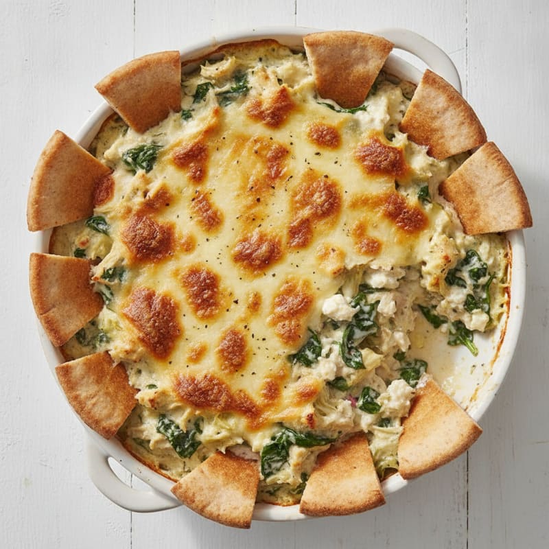 Baked Spinach Artichoke Dip with Toasted Pita