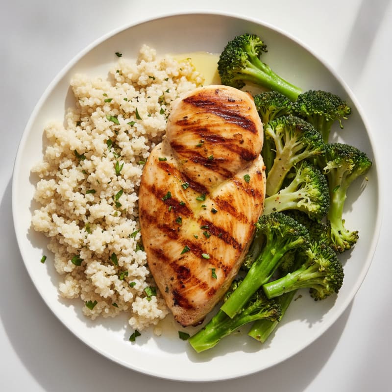 Grilled Chicken Breast with Steamed Broccoli and Quinoa