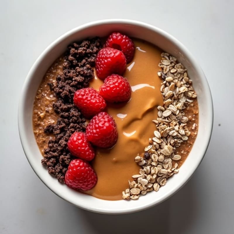 Chocolate Protein Oats with Almond Butter and Chia Seeds